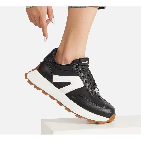 Lucky Step Women Black Retro Classic Trainers Casual Lace up Stylish Sneakers - Picture 6 of 9